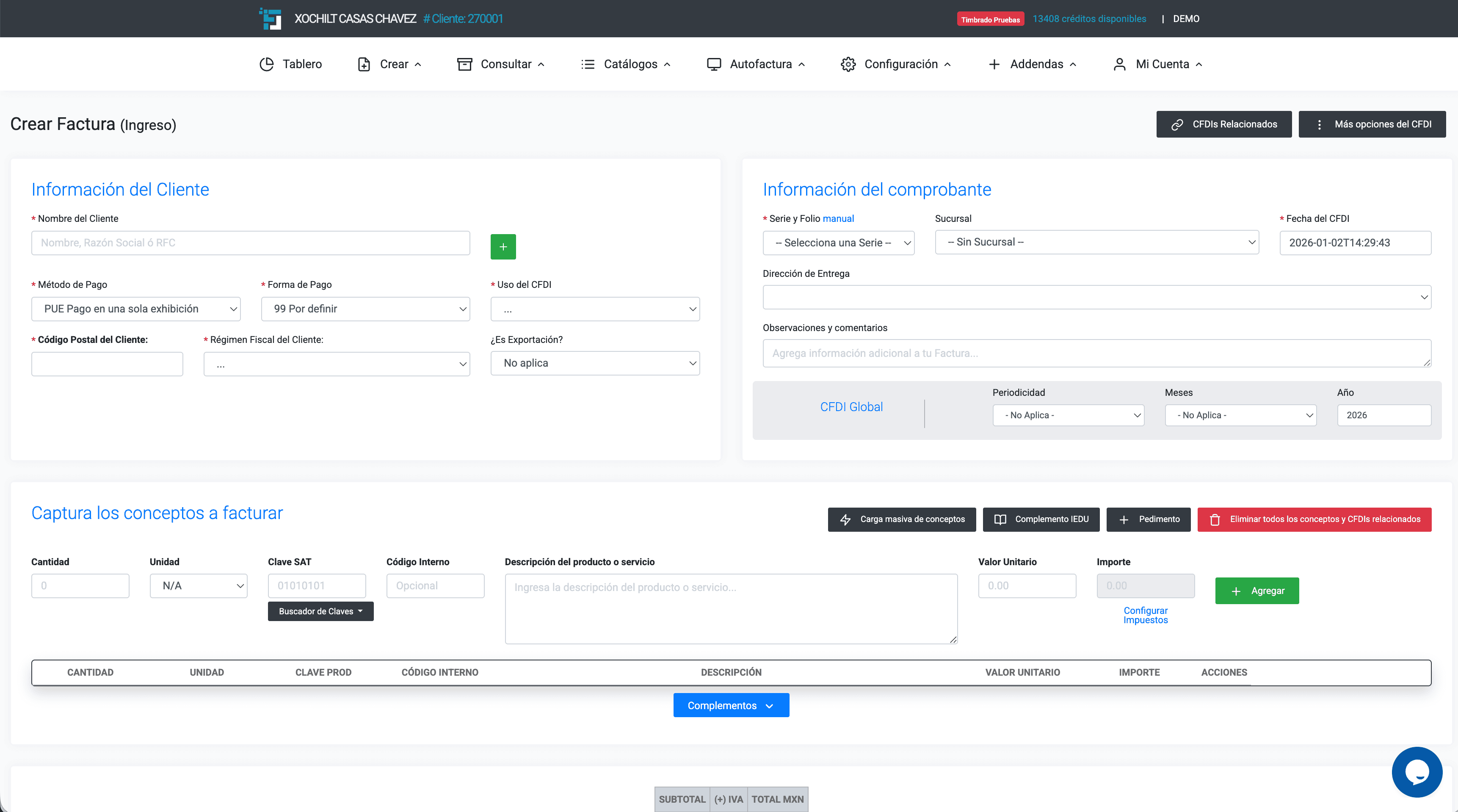 Sistema de facturación electrónica en línea CFDI 4.0 - Crear factura
